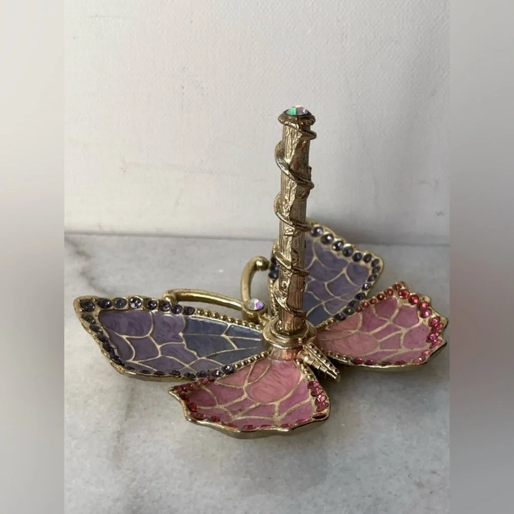 Pink purple Enamel and Gold Plated Butterfly Jewelry Ring Holder w/ Crystals